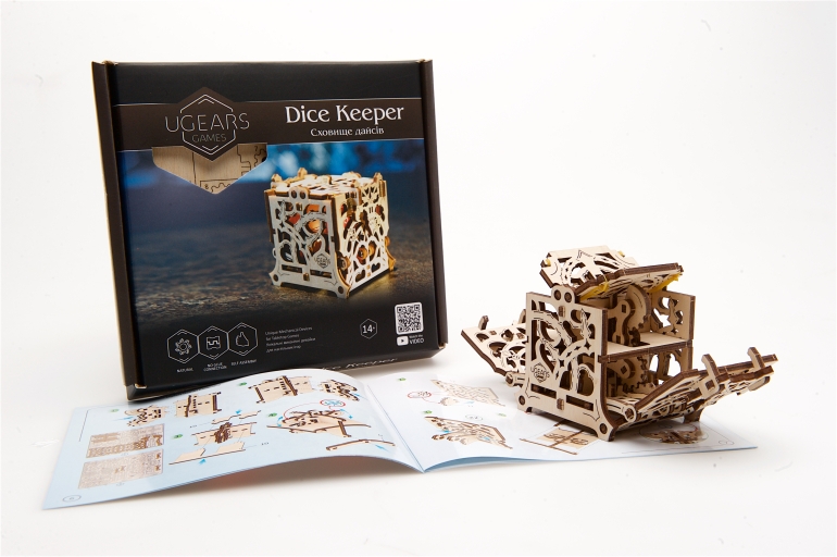 Ugears-Dice-Keeper-Mechanical-device_spel, bordspel, hobby, cadeau, kaarten, game, board game, holder, dice, tabletop game