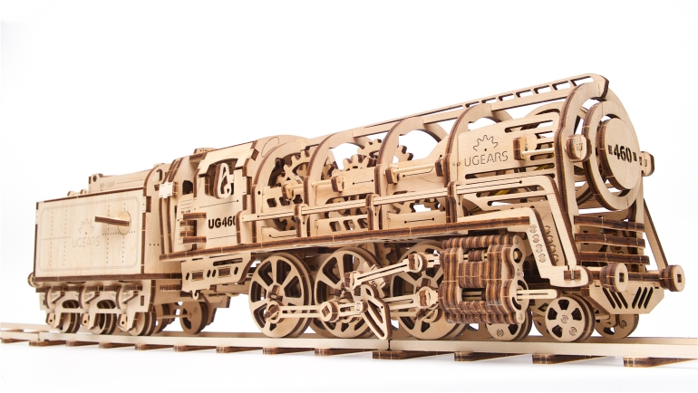 Ugears-Steam-Locomotive-with-Tender-model ugears trein, ugears locomotief, 3d trein puzzel, houten trein model, houten trein puzzel